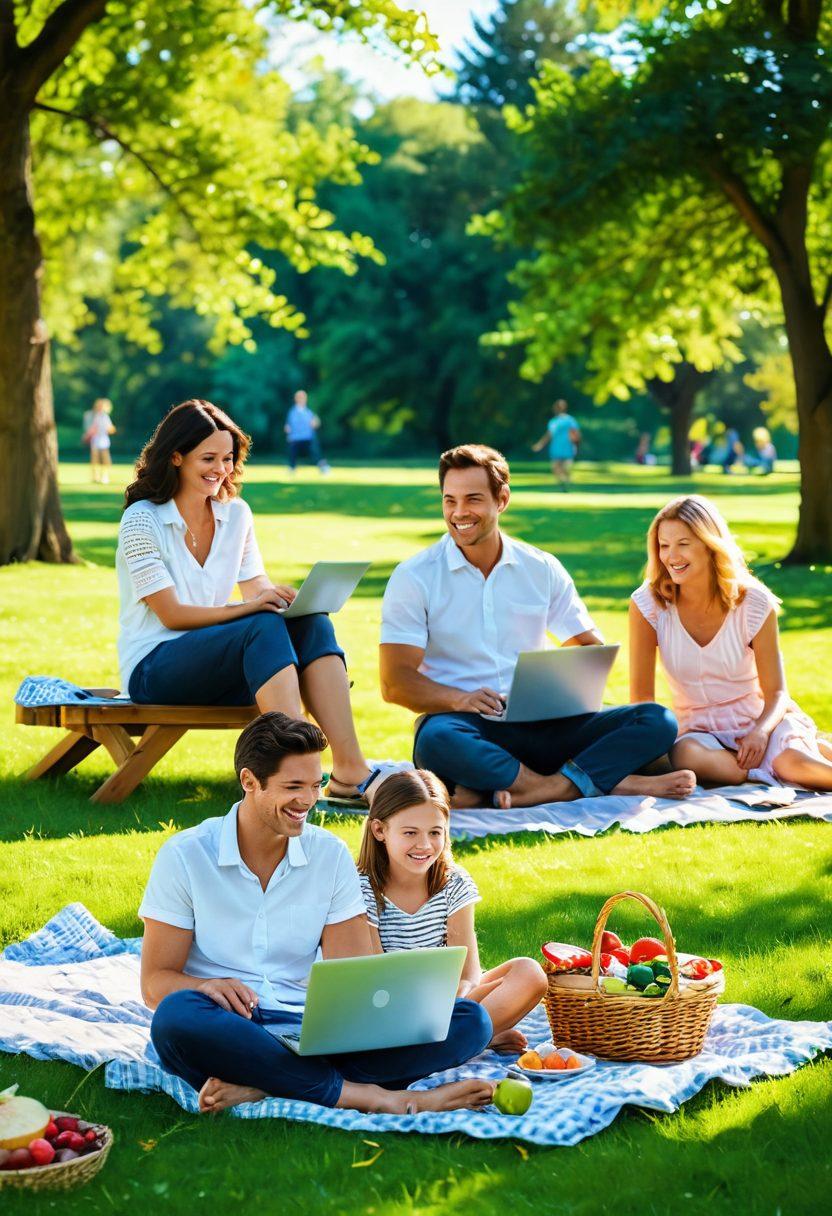 A serene family scene featuring a joyful picnic in a sunlit park, with various family members laughing and sharing stories. In the background, a woman on a laptop reflects the balance between work and family life. Bright colors and vibrant greenery enhance the atmosphere of contentment and happiness. super-realistic. vibrant colors. bright background.
