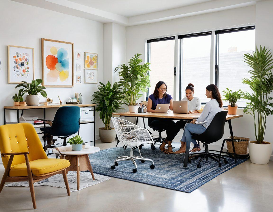 A warm, inviting office space with employees of diverse backgrounds happily collaborating. Include elements representing family leave such as a baby stroller, family photos on desks, and a wellness corner with plants. Illustrate a sense of balance between work and family life, showcasing smiling faces and a supportive environment. Use bright and uplifting colors to convey a mood of well-being and positivity. super-realistic. vibrant colors. white background.