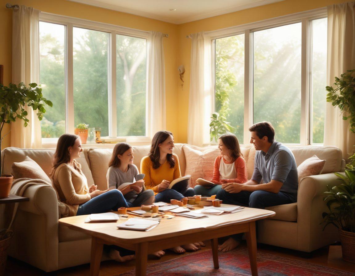 A warm and inviting family scene in a cozy home environment, showcasing parents joyfully engaging with their children, surrounded by greenery and sunlight streaming through windows. Include elements like a family calendar filled with joyful activities, healthy snacks on the table, and a cozy reading corner indicating wellness and happiness. The image should evoke a sense of togetherness and balance. super-realistic. vibrant colors. soft lighting.